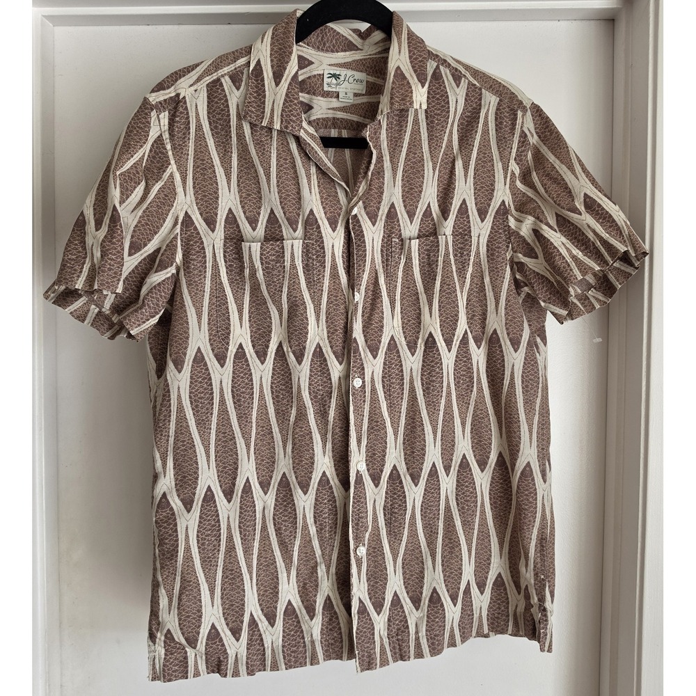 J.Crew Men S Button-Up Shirt Small Brown White Fish Coastal Cotton Linen